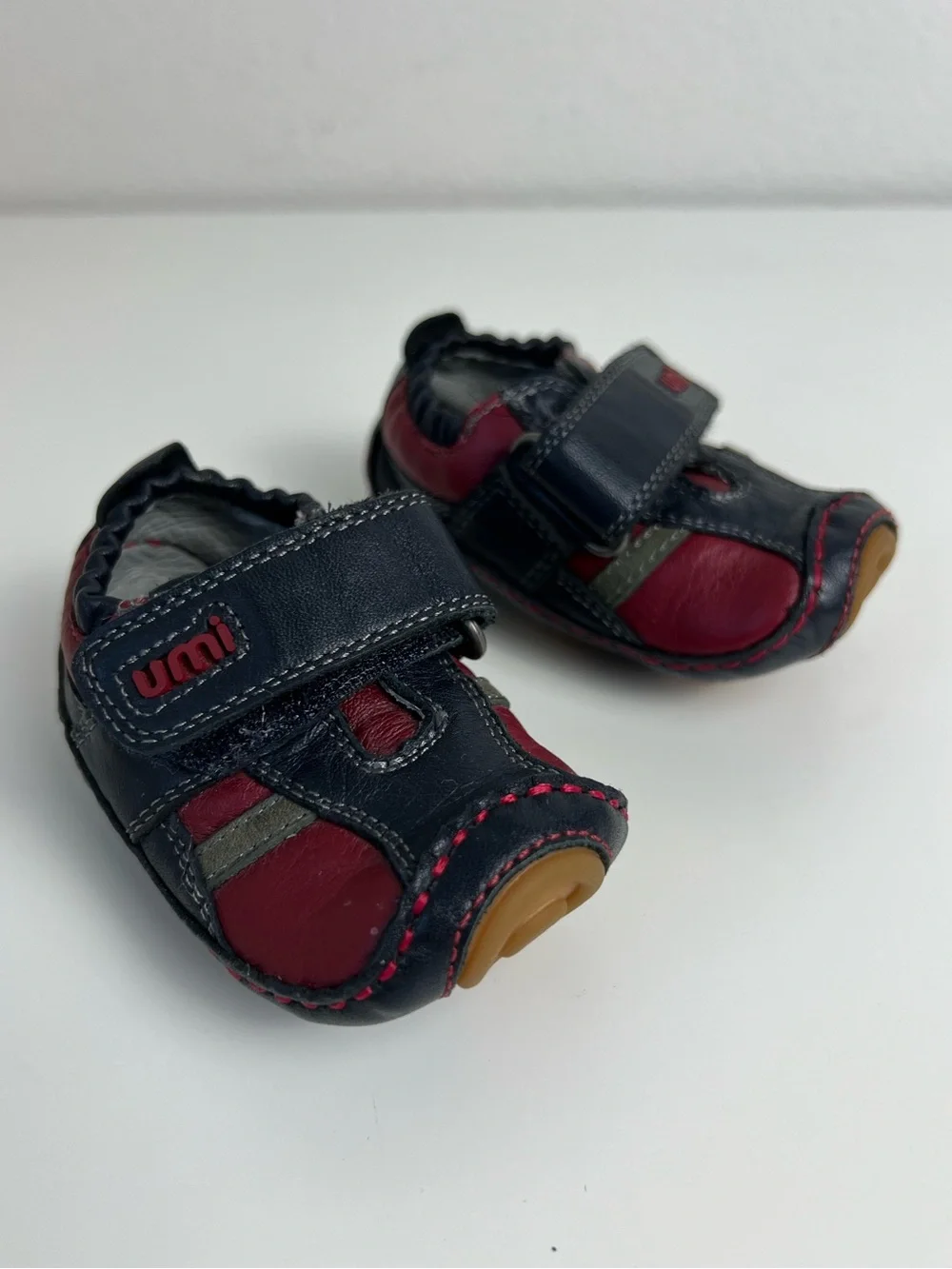 Umi Tadpole Leather Baby Shoes Navy Red First Walker Hook Loop US 2.5